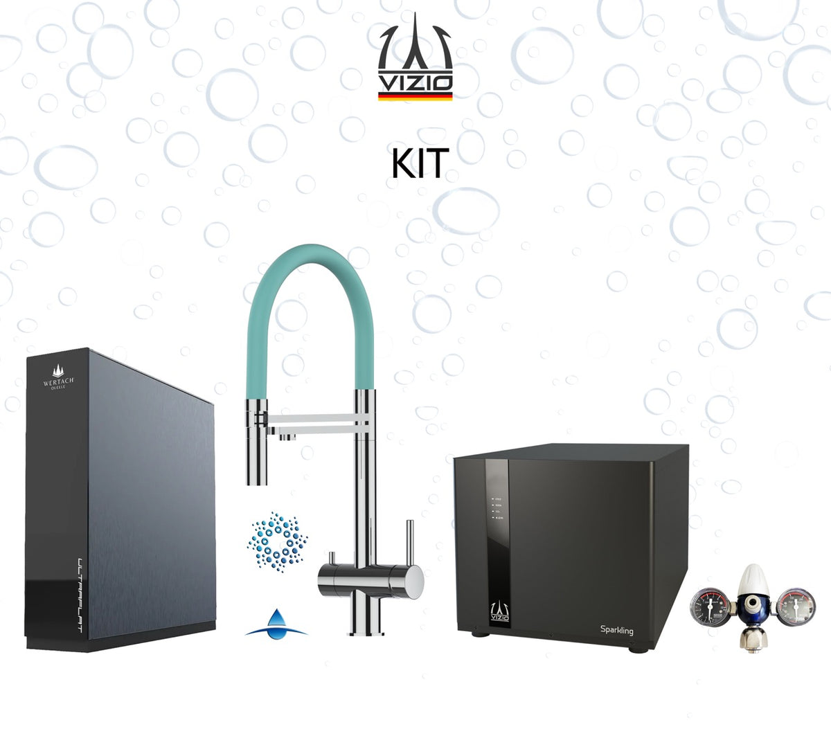 KIT COMPLET: SPARKLING Réfrigérateur Carbonateur + Mitigeur De Cuisine 4 Voies en ACIER INOXYDABLE Massif, avec bec pivotant 360° et douchette 2-jets détachable, Poli + Système d'osmose inverse sous comptoir ULTRAFLAT + Réducteur de pression CO2