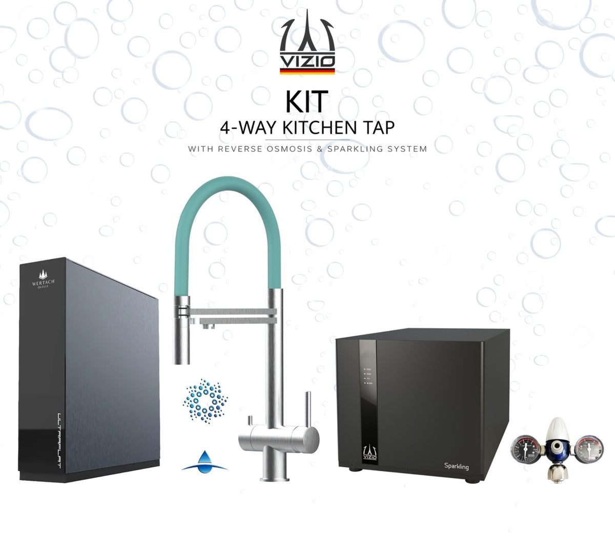 KIT COMPLETO: Rubinetto cucina 4 VIE in ACCIAIO INOX Spazzolato, canna girevole 360° e doccetta 2 getti movibile + Frigogasatore + Riduttore di pressione CO2 + ULTRAFLAT Sistema ad osmosi inversa sottolavello