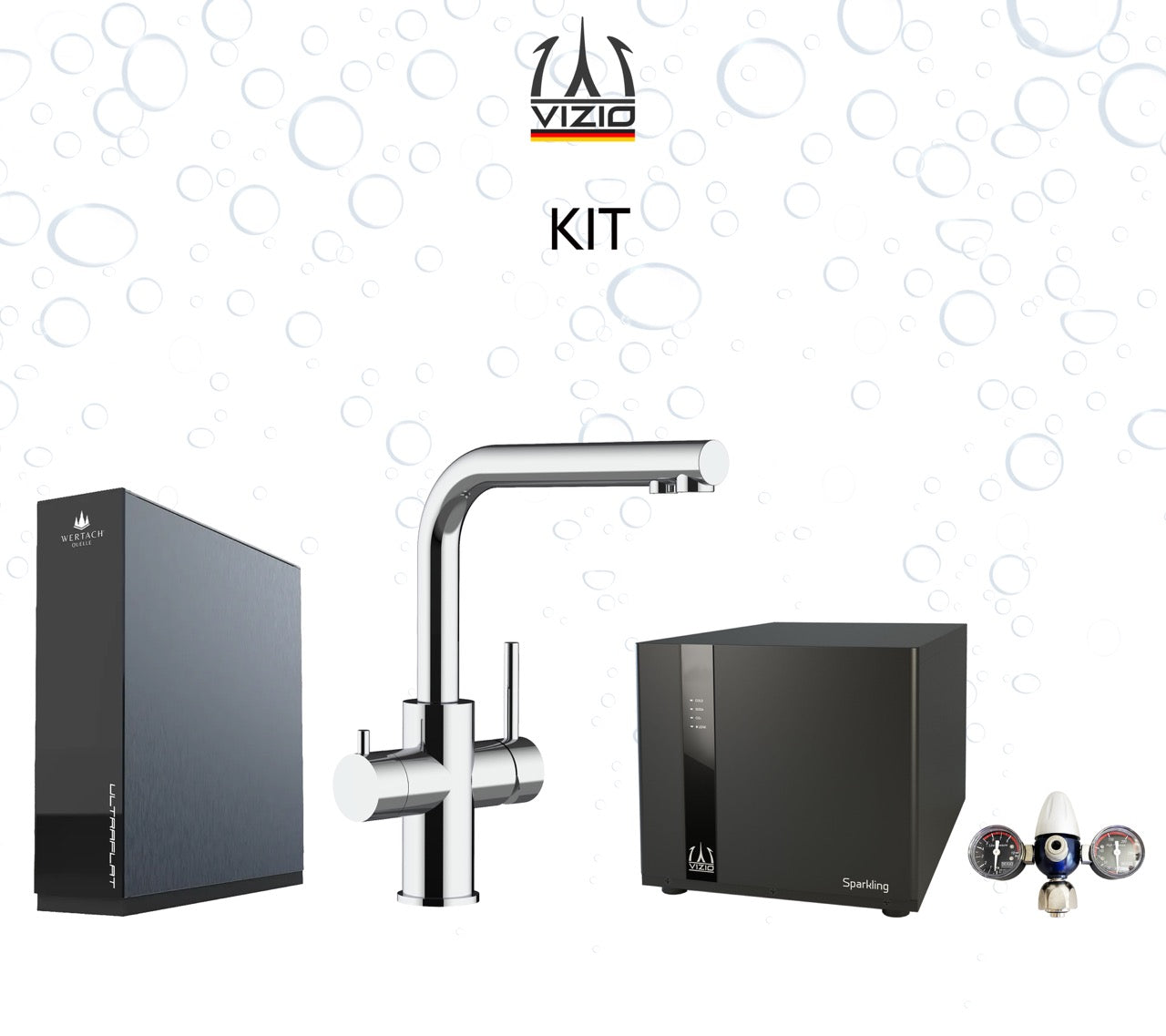 Komplette Anlage: Sprudelanlage + 5 Wege Wasserhahn Küchenarmatur, Edelstahl Massiv mit 360° schwenkbarem L-Auslauf, Hochglanz, Kurzversion + CO2 Druckminderer + ULTRAFLAT Umkehrosmose Untertisch System
