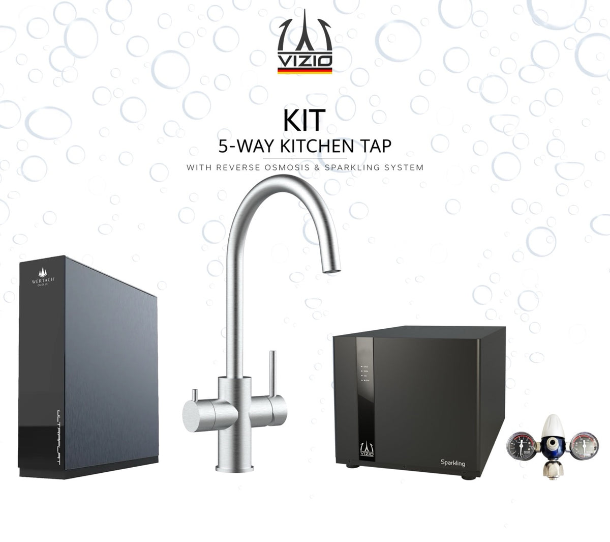 KIT COMPLETO: Rubinetto cucina 5 VIE in ACCIAIO INOX Spazzolato, canna a U girevole a 360° + Frigogasatore + Riduttore di pressione CO2 + ULTRAFLAT Sistema ad osmosi inversa sottolavello