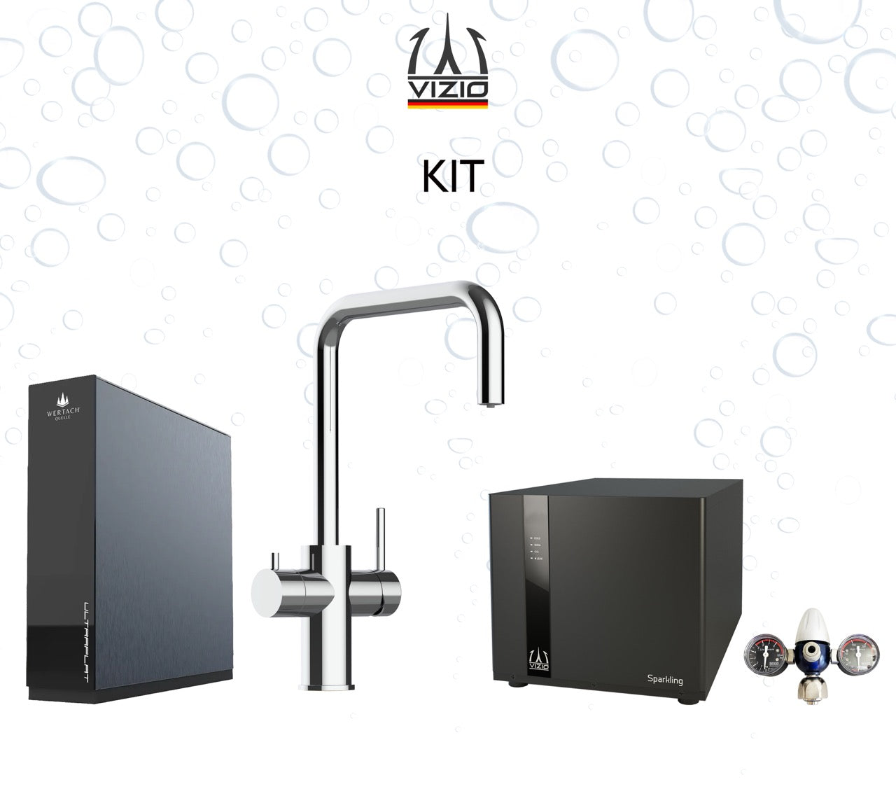 COMPLETE KIT 5 Way Kitchen Filter Tap in Solid STAINLESS STEEL, with 360° Swivel N-Spout, Polished + SPARKLING Machine + CO2 pressure reducer + Wertach ULTRAFLAT Reverse Osmosis Filter System