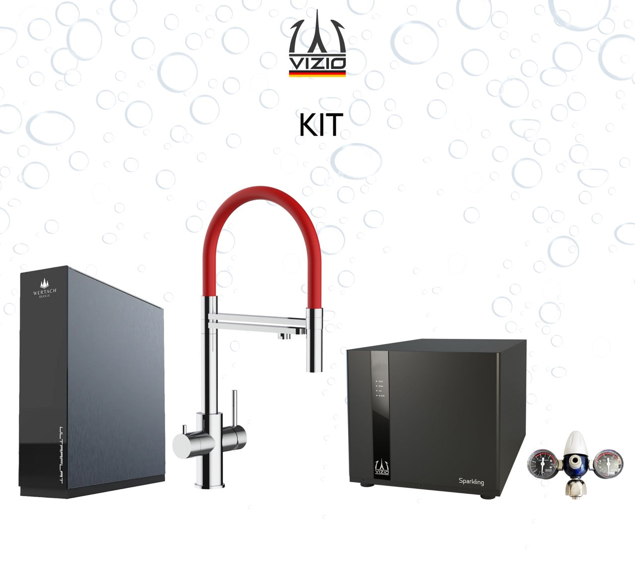 Komplette Anlage: Sprudelanlage + 5 Wege Wasserhahn Küchenarmatur, Edelstahl Massiv mit 360° schwenkbarem Auslauf und abnehmbare 2 strahl Handbrause, Hochglanz + CO2 Druckminderer + ULTRAFLAT Umkehrosmose Untertisch System