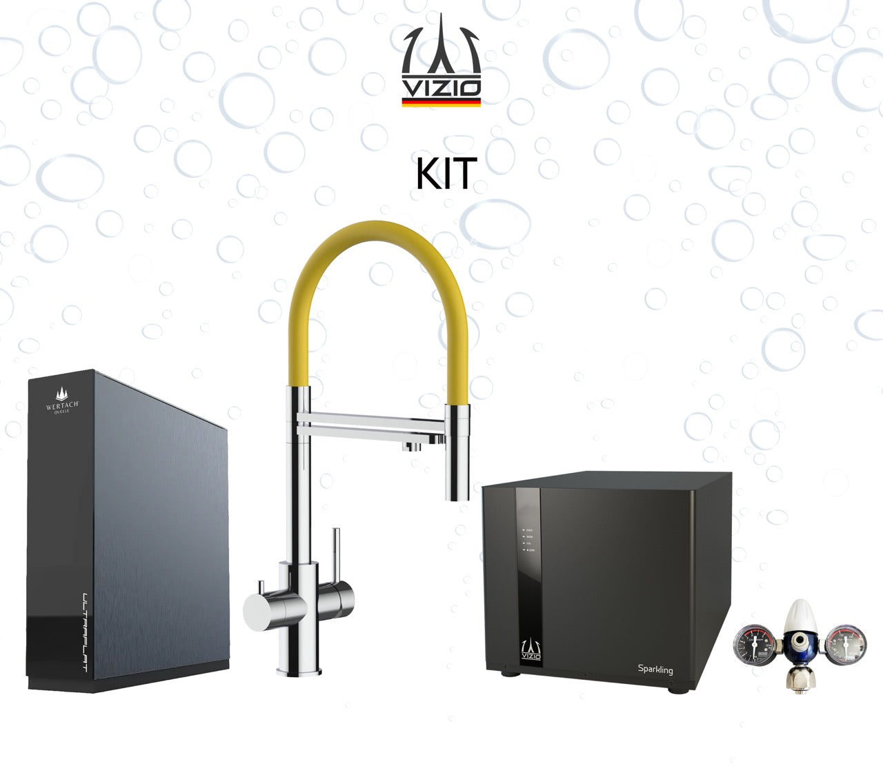 Komplette Anlage: Sprudelanlage + 5 Wege Wasserhahn Küchenarmatur, Edelstahl Massiv mit 360° schwenkbarem Auslauf und abnehmbare 2 strahl Handbrause, Hochglanz + CO2 Druckminderer + ULTRAFLAT Umkehrosmose Untertisch System