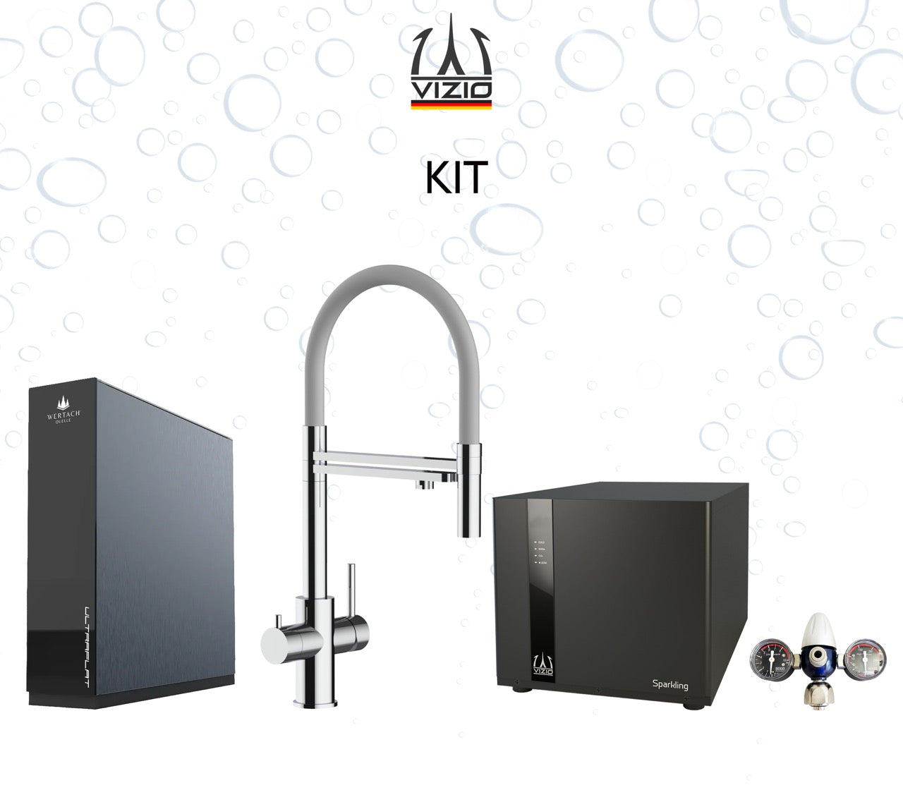 Komplette Anlage: Sprudelanlage + 5 Wege Wasserhahn Küchenarmatur, Edelstahl Massiv mit 360° schwenkbarem Auslauf und abnehmbare 2 strahl Handbrause, Hochglanz + CO2 Druckminderer + ULTRAFLAT Umkehrosmose Untertisch System