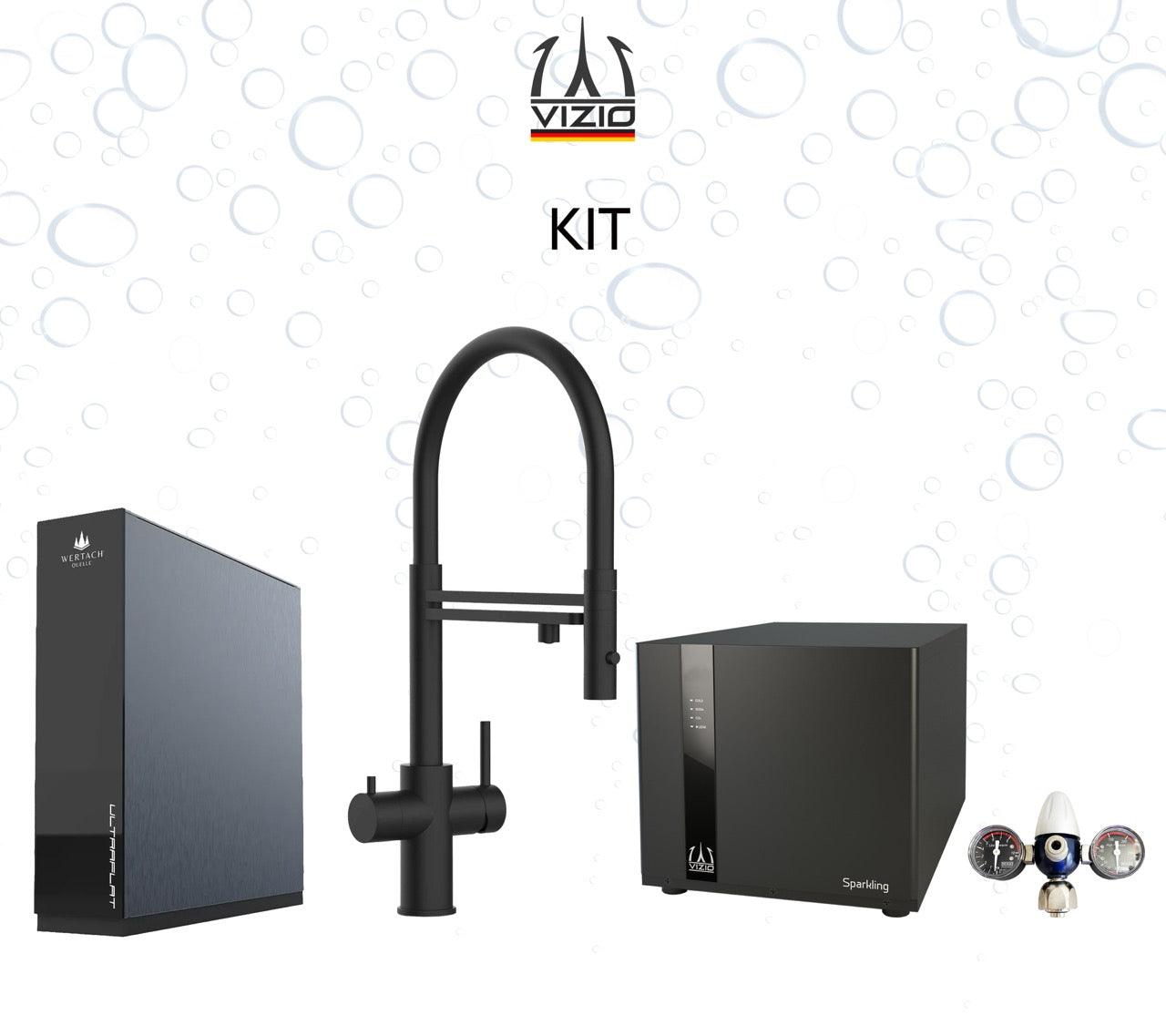 Komplette Anlage: Sprudelanlage + 5 Wege Wasserhahn Küchenarmatur, Edelstahl Massiv mit 360° schwenkbarem Auslauf und abnehmbare 2 strahl Handbrause, PVD Schwarz Matt + CO2 Druckminderer + ULTRAFLAT Umkehrosmose Untertisch System