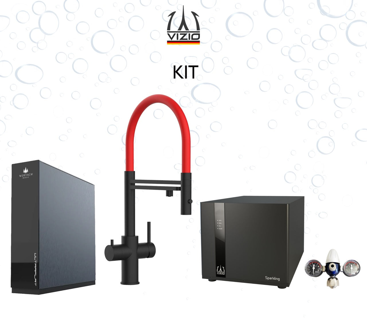 Komplette Anlage: Sprudelanlage + 5 Wege Wasserhahn Küchenarmatur, Edelstahl Massiv mit 360° schwenkbarem Auslauf und abnehmbare 2 strahl Handbrause, PVD Schwarz Matt + CO2 Druckminderer + ULTRAFLAT Umkehrosmose Untertisch System