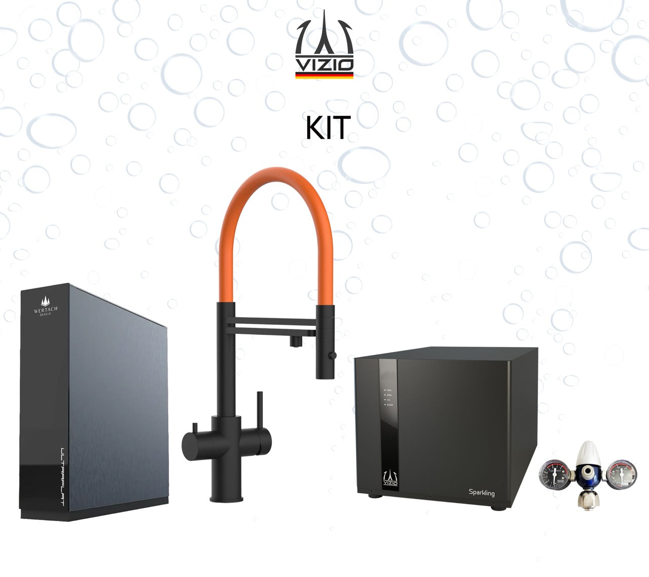 Komplette Anlage: Sprudelanlage + 5 Wege Wasserhahn Küchenarmatur, Edelstahl Massiv mit 360° schwenkbarem Auslauf und abnehmbare 2 strahl Handbrause, PVD Schwarz Matt + CO2 Druckminderer + ULTRAFLAT Umkehrosmose Untertisch System