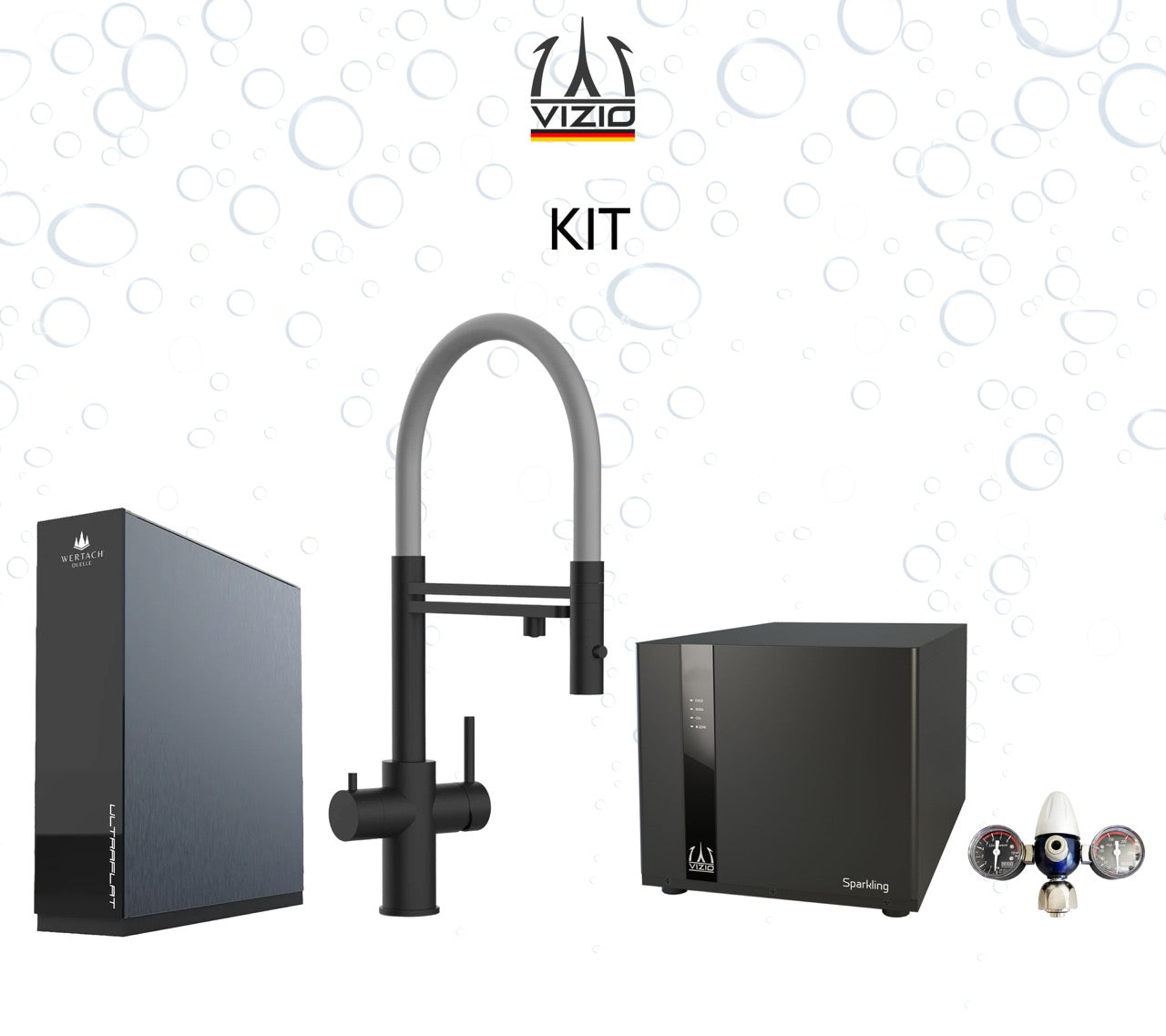 Komplette Anlage: Sprudelanlage + 5 Wege Wasserhahn Küchenarmatur, Edelstahl Massiv mit 360° schwenkbarem Auslauf und abnehmbare 2 strahl Handbrause, PVD Schwarz Matt + CO2 Druckminderer + ULTRAFLAT Umkehrosmose Untertisch System