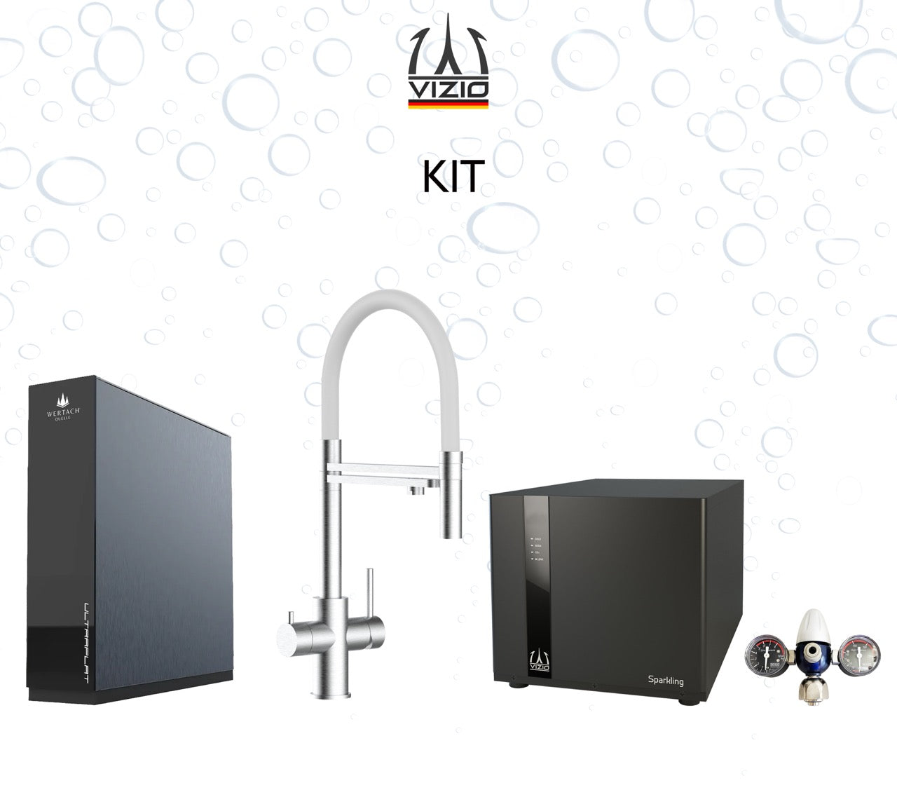 COMPLETE KIT 5 Way Kitchen Filter Tap in Solid STAINLESS STEEL with 360° swivel spout and 2-jets removable Spray, Brushed + SPARKLING Machine + CO2 pressure reducer + Wertach ULTRAFLAT Reverse Osmosis Filter System