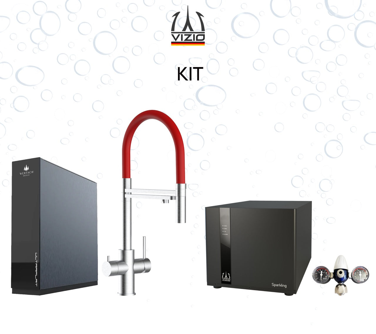 COMPLETE KIT 5 Way Kitchen Filter Tap in Solid STAINLESS STEEL with 360° swivel spout and 2-jets removable Spray, Brushed + SPARKLING Machine + CO2 pressure reducer + Wertach ULTRAFLAT Reverse Osmosis Filter System