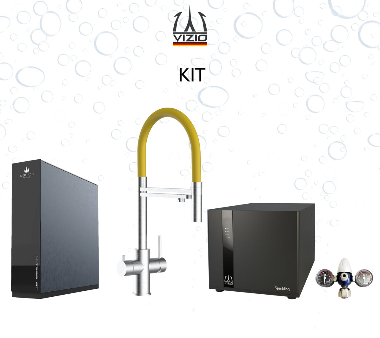 COMPLETE KIT 5 Way Kitchen Filter Tap in Solid STAINLESS STEEL with 360° swivel spout and 2-jets removable Spray, Brushed + SPARKLING Machine + CO2 pressure reducer + Wertach ULTRAFLAT Reverse Osmosis Filter System