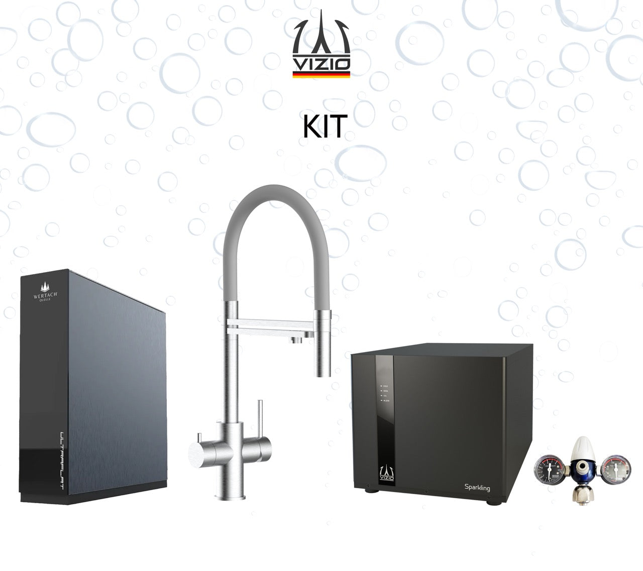 COMPLETE KIT 5 Way Kitchen Filter Tap in Solid STAINLESS STEEL with 360° swivel spout and 2-jets removable Spray, Brushed + SPARKLING Machine + CO2 pressure reducer + Wertach ULTRAFLAT Reverse Osmosis Filter System