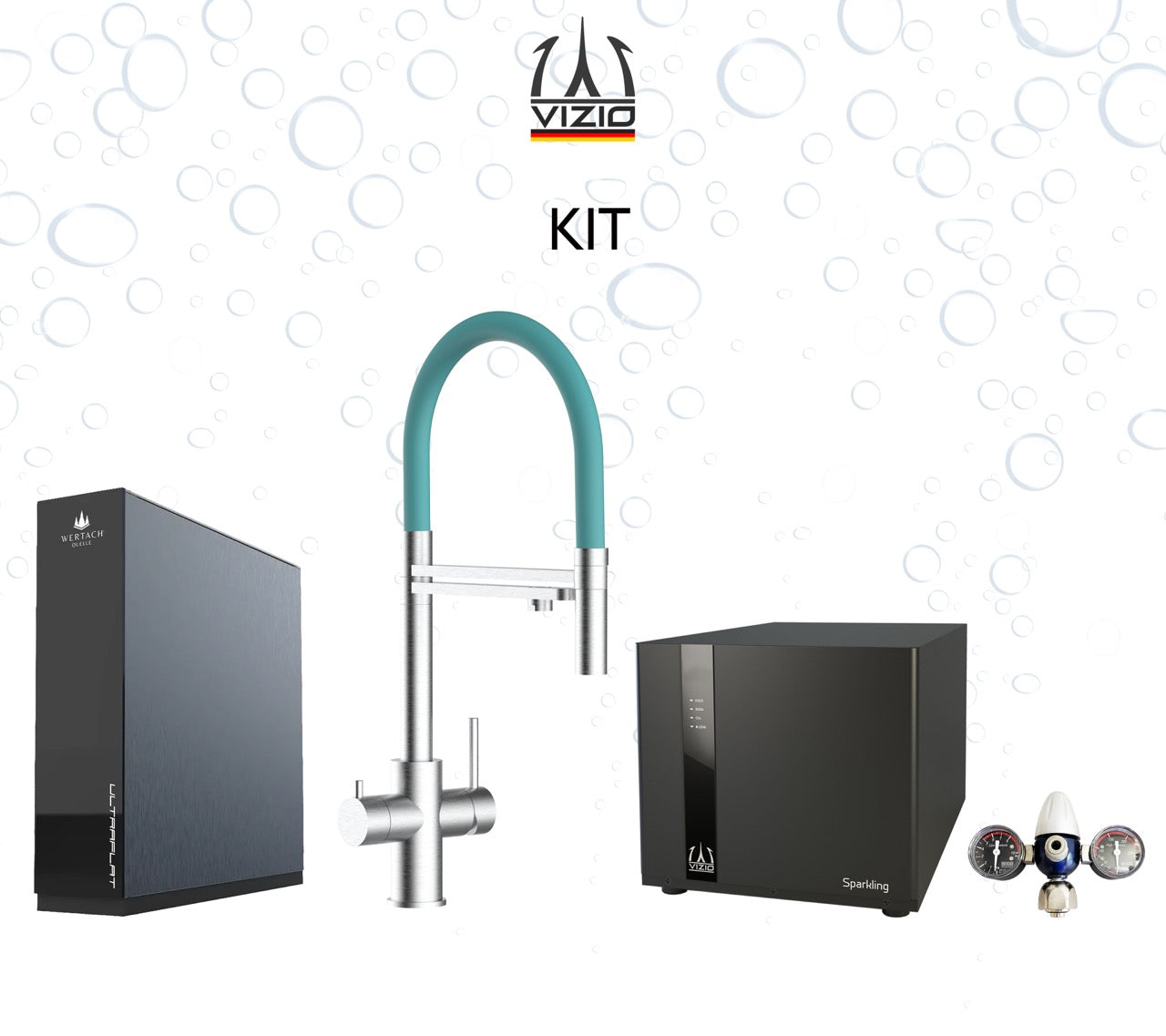 COMPLETE KIT 5 Way Kitchen Filter Tap in Solid STAINLESS STEEL with 360° swivel spout and 2-jets removable Spray, Brushed + SPARKLING Machine + CO2 pressure reducer + Wertach ULTRAFLAT Reverse Osmosis Filter System