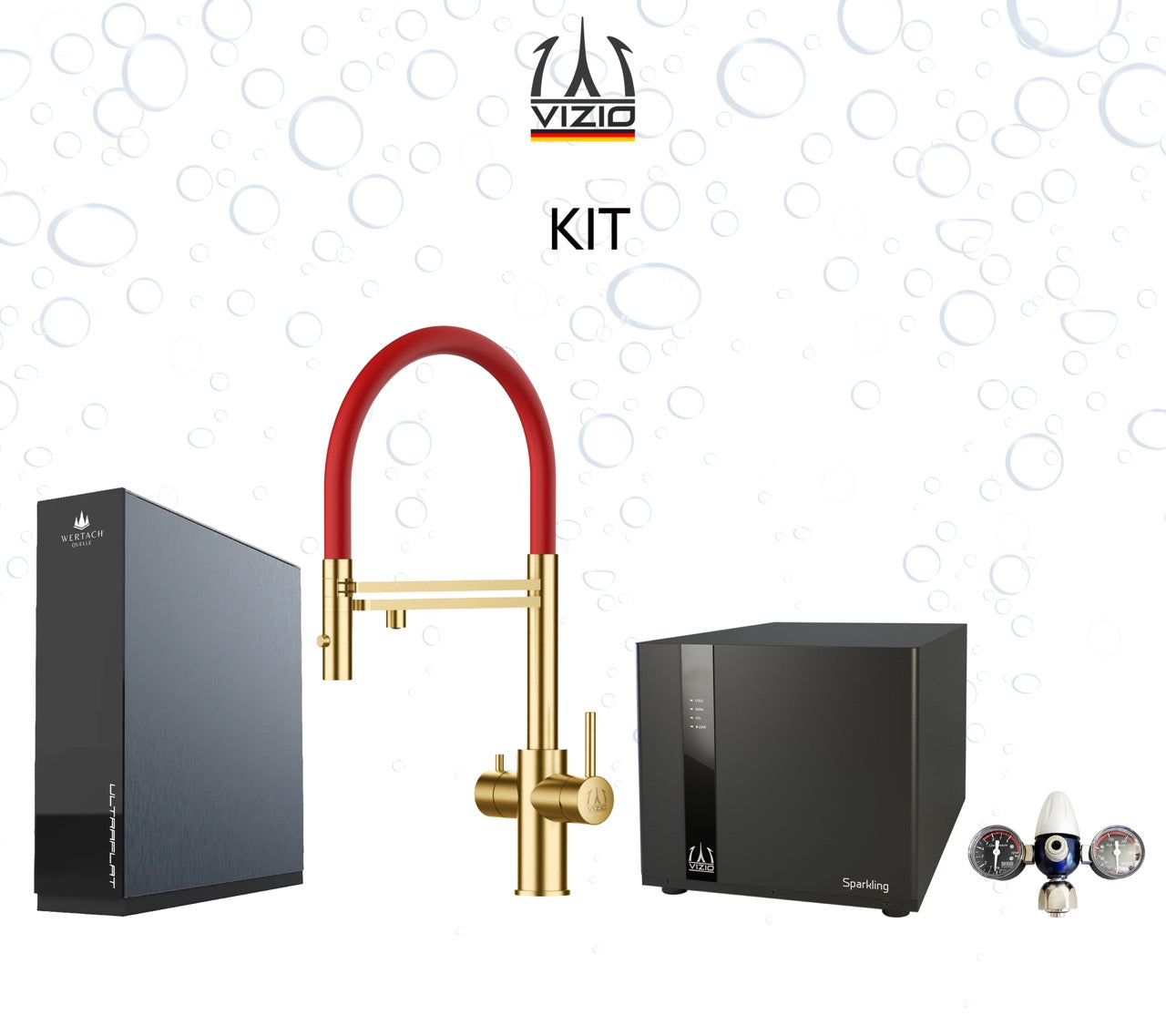Komplette Anlage: Sprudelanlage + 5 Wege Wasserhahn Küchenarmatur, Edelstahl Massiv mit 360° schwenkbarem Auslauf und abnehmbare 2 strahl Handbrause, Satin Gold PVD + CO2 Druckminderer + ULTRAFLAT Umkehrosmose Untertisch System