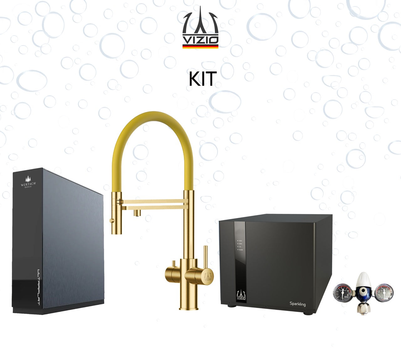 Komplette Anlage: Sprudelanlage + 5 Wege Wasserhahn Küchenarmatur, Edelstahl Massiv mit 360° schwenkbarem Auslauf und abnehmbare 2 strahl Handbrause, Satin Gold PVD + CO2 Druckminderer + ULTRAFLAT Umkehrosmose Untertisch System