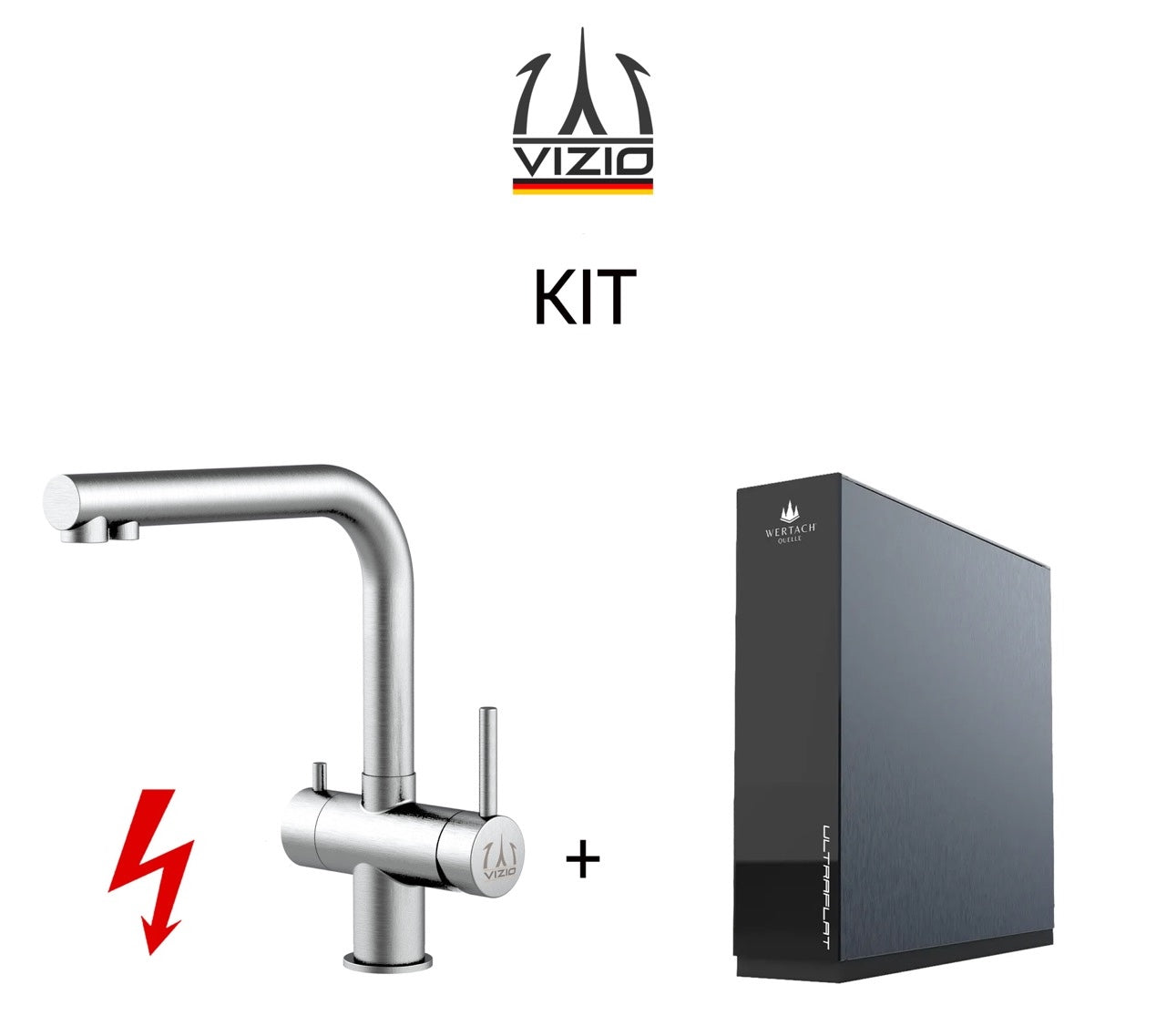 KIT: ULTRAFLAT Umkehrosmose Untertisch System, Wertach und NIEDERDRUCK 3 Wege Wasserhahn Küchenarmatur, Edelstahl Massiv, 360° schwenkbarem L-Auslauf, Gebürstet - Kurzversion