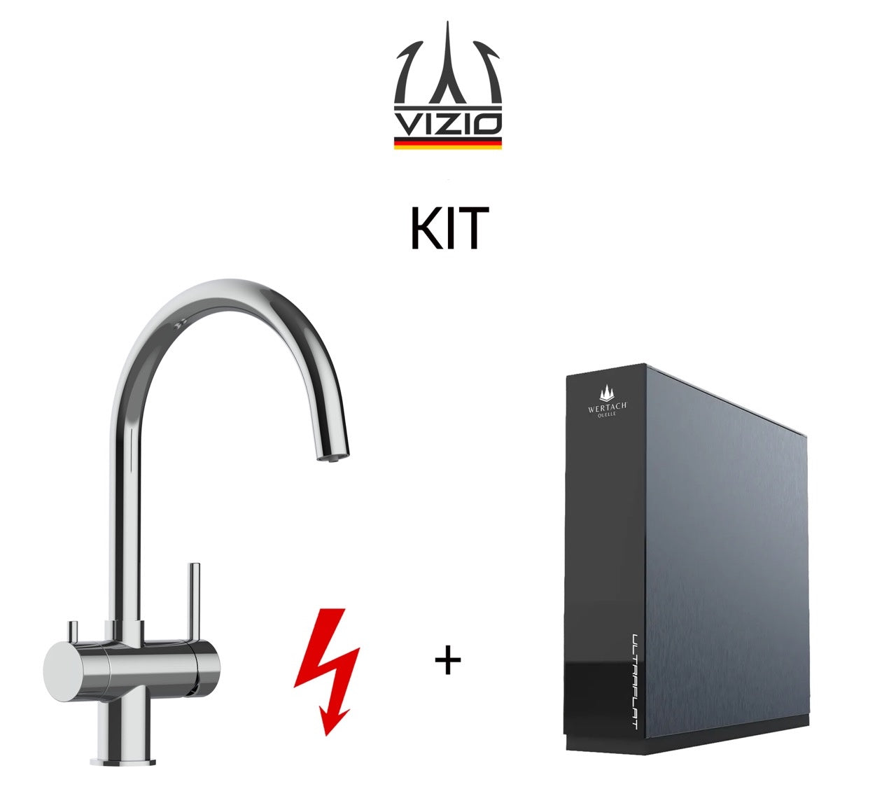 KIT: ULTRAFLAT Umkehrosmose Untertisch System, Wertach und NIEDERDRUCK 3 Wege Wasserhahn Küchenarmatur, Edelstahl Massiv, 360° schwenkbarem U-Auslauf, Hochglanz Poliert