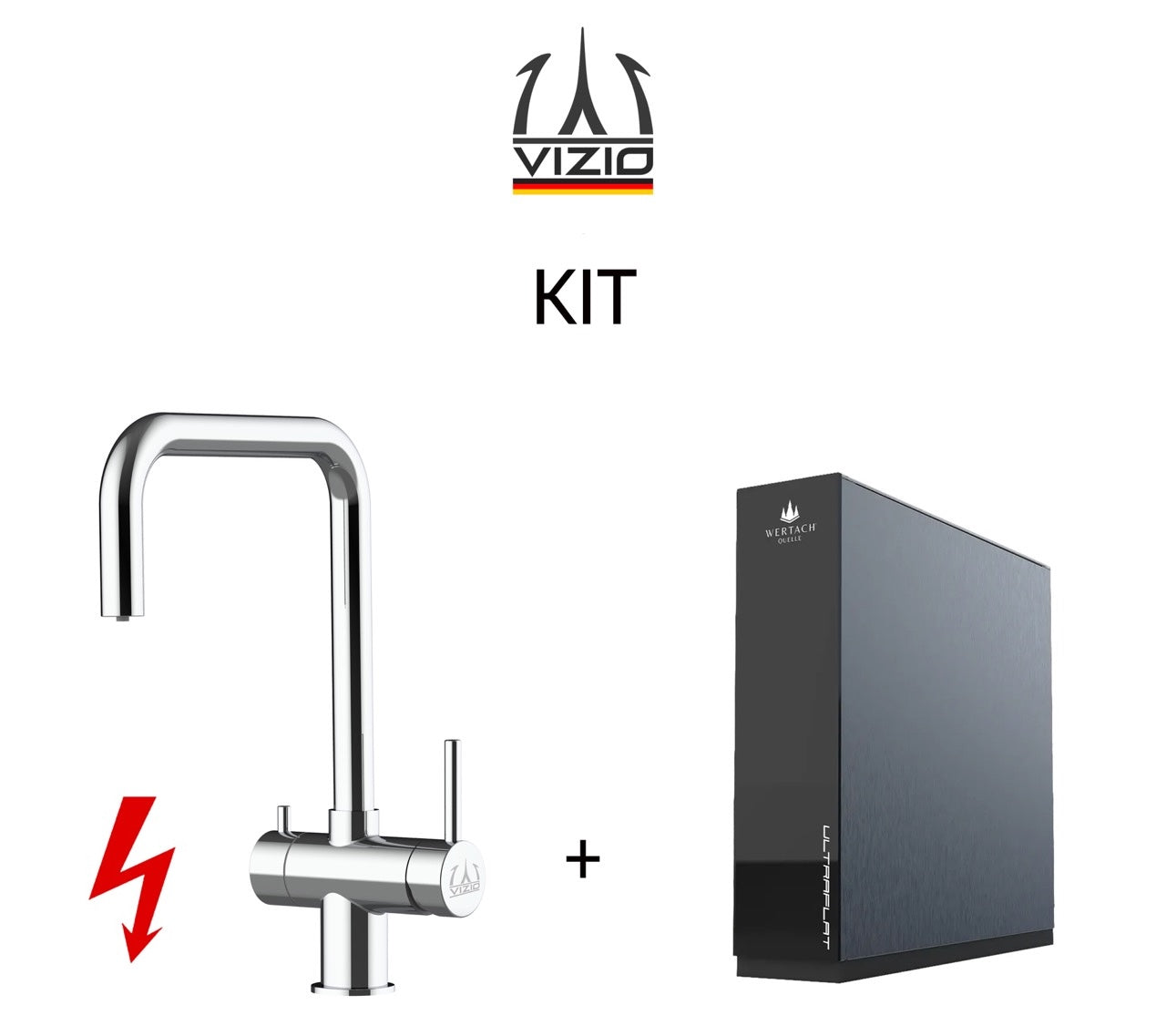 KIT: ULTRAFLAT Umkehrosmose Untertisch System, Wertach und NIEDERDRUCK 3 Wege Wasserhahn Küchenarmatur, Edelstahl Massiv, 360° schwenkbarem N-Auslauf, Hochglanz Poliert