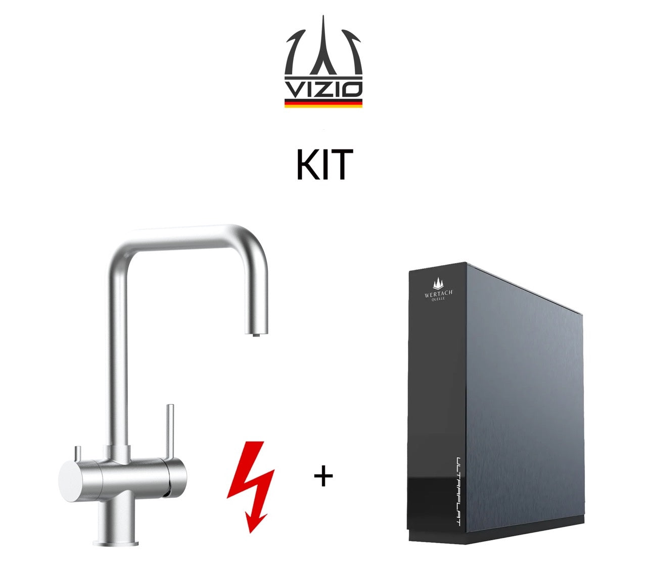 KIT: ULTRAFLAT Umkehrosmose Untertisch System, Wertach und NIEDERDRUCK 3 Wege Wasserhahn Küchenarmatur, Edelstahl Massiv, 360° schwenkbarem N-Auslauf, Gebürstet