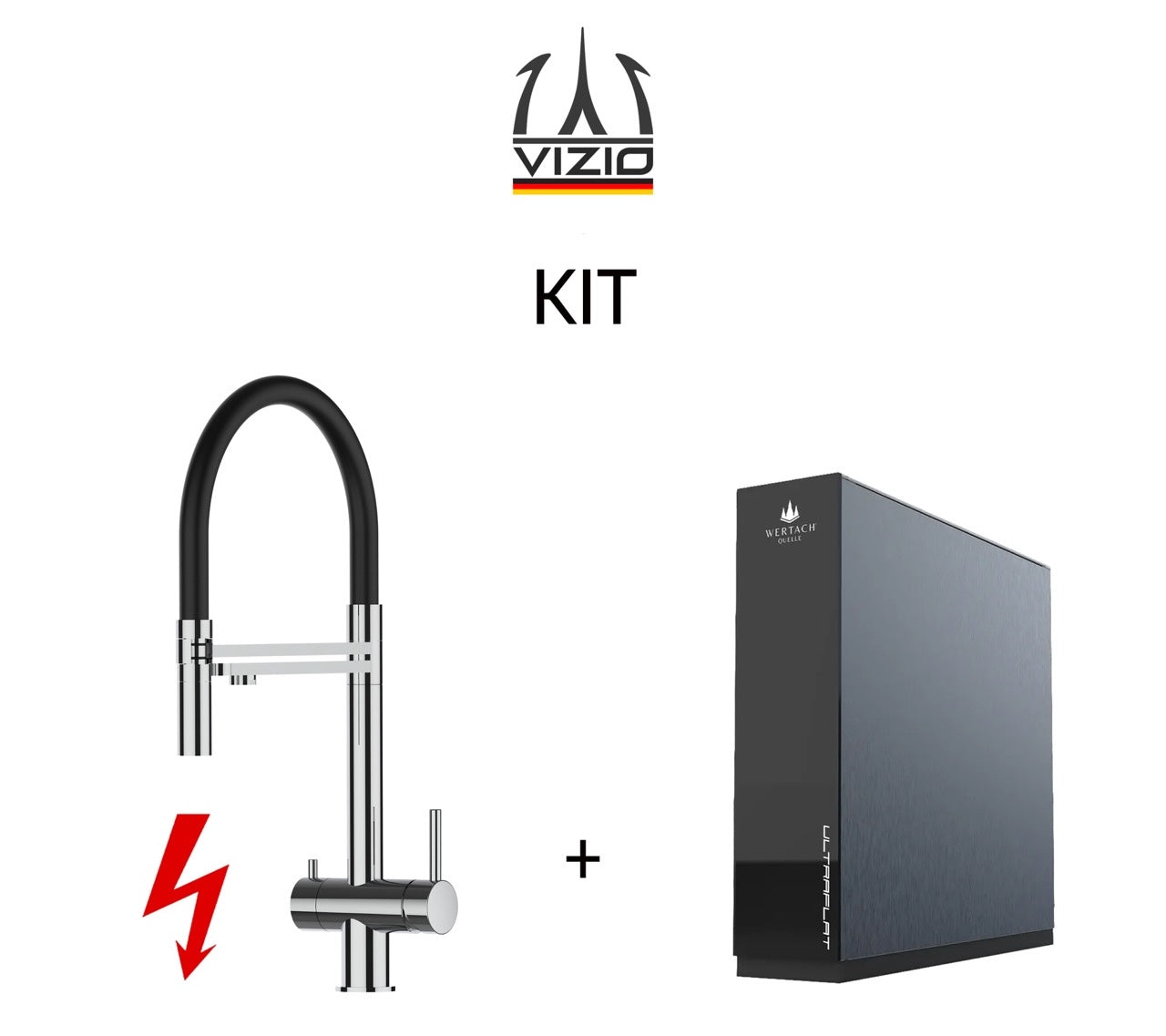 KIT: ULTRAFLAT Umkehrosmose Untertisch System, Wertach und NIEDERDRUCK 3 Wege Wasserhahn Küchenarmatur, Edelstahl Massiv mit 360° schwenkbarem Auslauf, abnehmbare 2 strahl Handbrause, Hochglanz