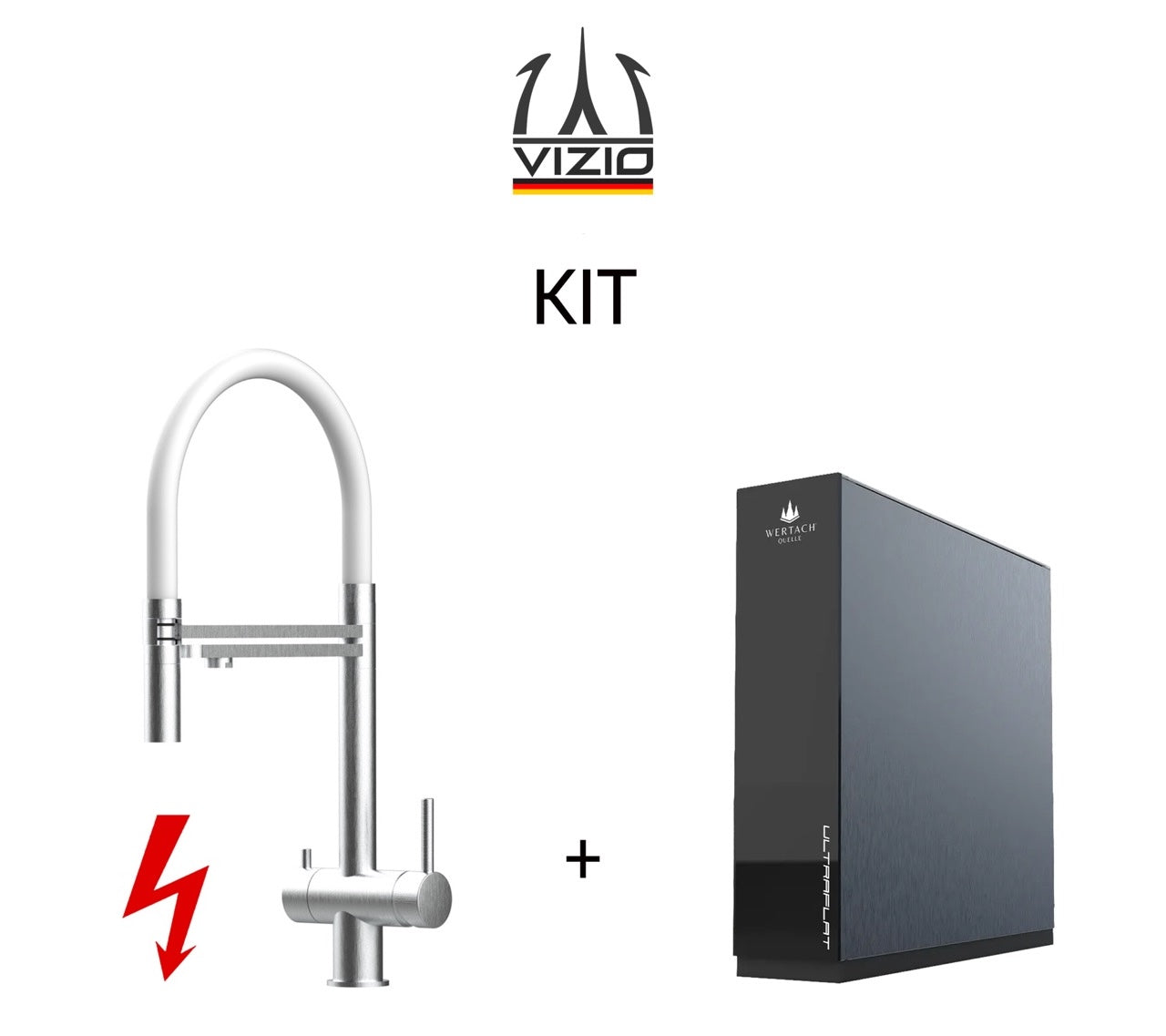 KIT: ULTRAFLAT Umkehrosmose Untertisch System, Wertach und NIEDERDRUCK 3 Wege Wasserhahn Küchenarmatur, Edelstahl Massiv mit 360° schwenkbarem Auslauf, abnehmbare 2 strahl Handbrause, Gebürstet