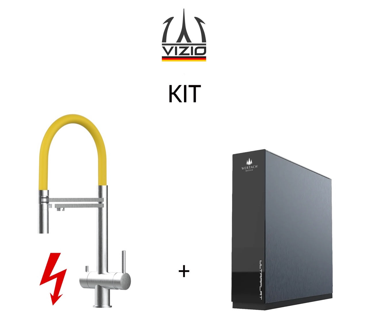 KIT: ULTRAFLAT Umkehrosmose Untertisch System, Wertach und NIEDERDRUCK 3 Wege Wasserhahn Küchenarmatur, Edelstahl Massiv mit 360° schwenkbarem Auslauf, abnehmbare 2 strahl Handbrause, Gebürstet