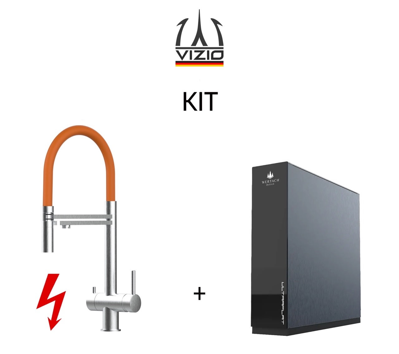 KIT: ULTRAFLAT Umkehrosmose Untertisch System, Wertach und NIEDERDRUCK 3 Wege Wasserhahn Küchenarmatur, Edelstahl Massiv mit 360° schwenkbarem Auslauf, abnehmbare 2 strahl Handbrause, Gebürstet