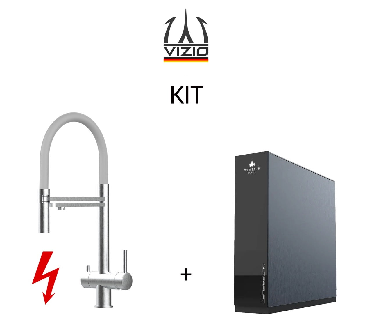 KIT: ULTRAFLAT Umkehrosmose Untertisch System, Wertach und NIEDERDRUCK 3 Wege Wasserhahn Küchenarmatur, Edelstahl Massiv mit 360° schwenkbarem Auslauf, abnehmbare 2 strahl Handbrause, Gebürstet