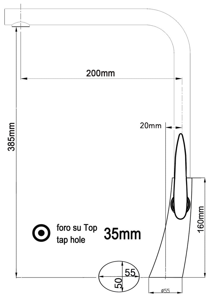 Kitchen Tap, Single lever, LEAF, with 360° swivel L-Spout, Chrome / Black Quartz
