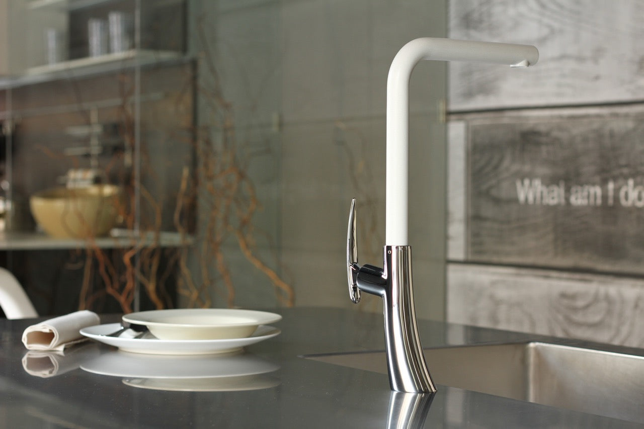 Kitchen Tap, Single lever, LEAF, with 360° swivel L-Spout, Chrome / White Quartz