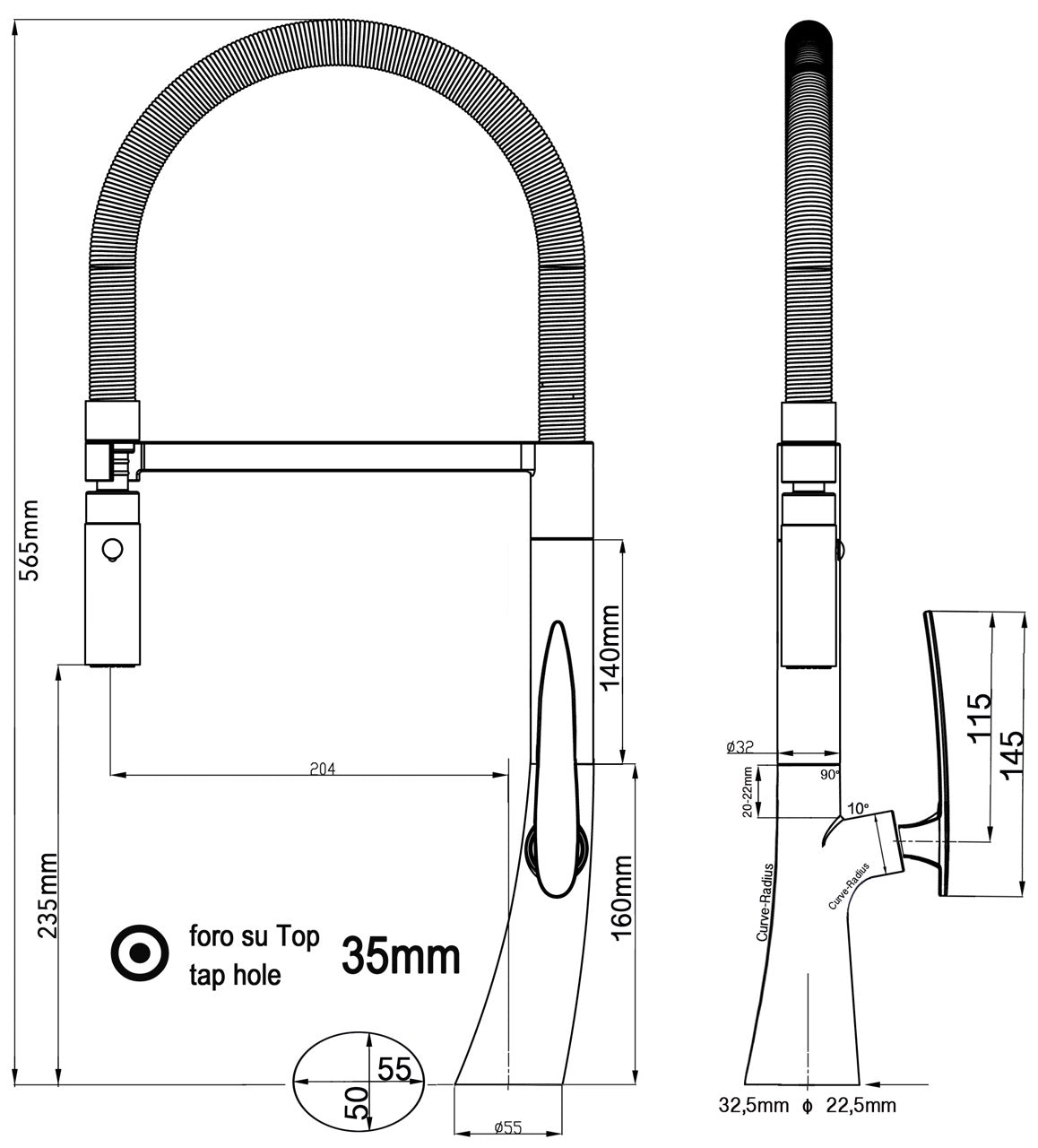 Kitchen Tap, Single lever, LEAF, with 360° swivel spout and 2-jets removable Spray, Chrome / Black
