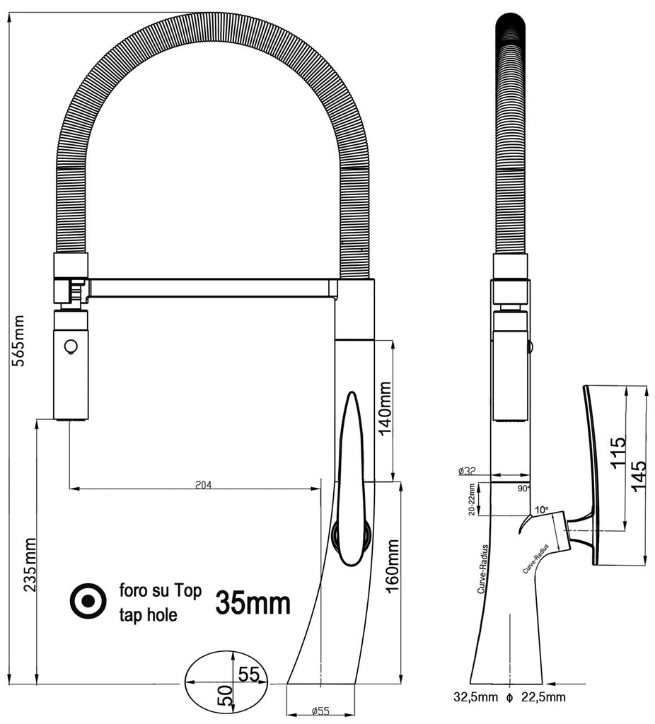 Kitchen Tap, Single lever, LEAF, with 360° swivel spout and 2-jets removable Spray, Chrome / Black