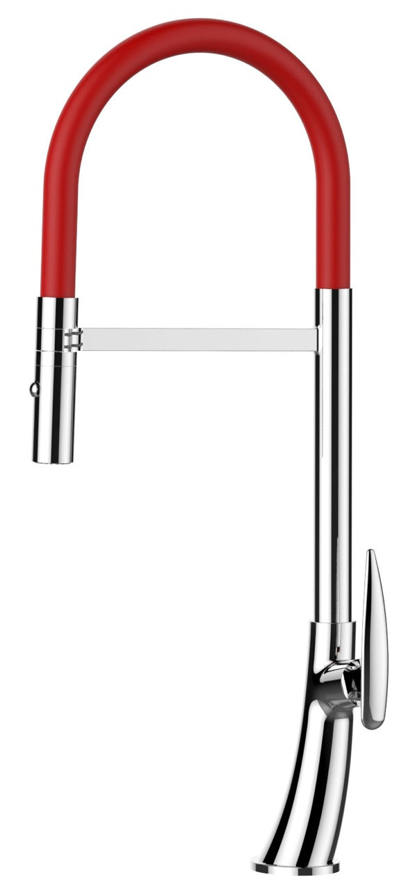 Kitchen Tap, Single lever, LEAF, with 360° swivel spout and 2-jets removable Spray, Chrome / Red