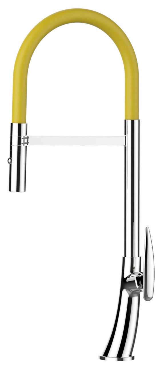 Kitchen Tap, Single lever, LEAF, with 360° swivel spout and 2-jets removable Spray, Chrome / Yellow