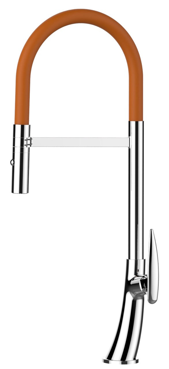 Kitchen Tap, Single lever, LEAF, with 360° swivel spout and 2-jets removable Spray, Chrome / Orange