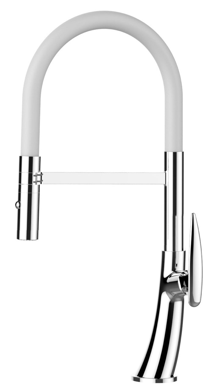 Kitchen Tap, Single lever, LEAF, with 360° swivel spout and 2-jets removable Spray, Chrome / White – Short Version 48CM