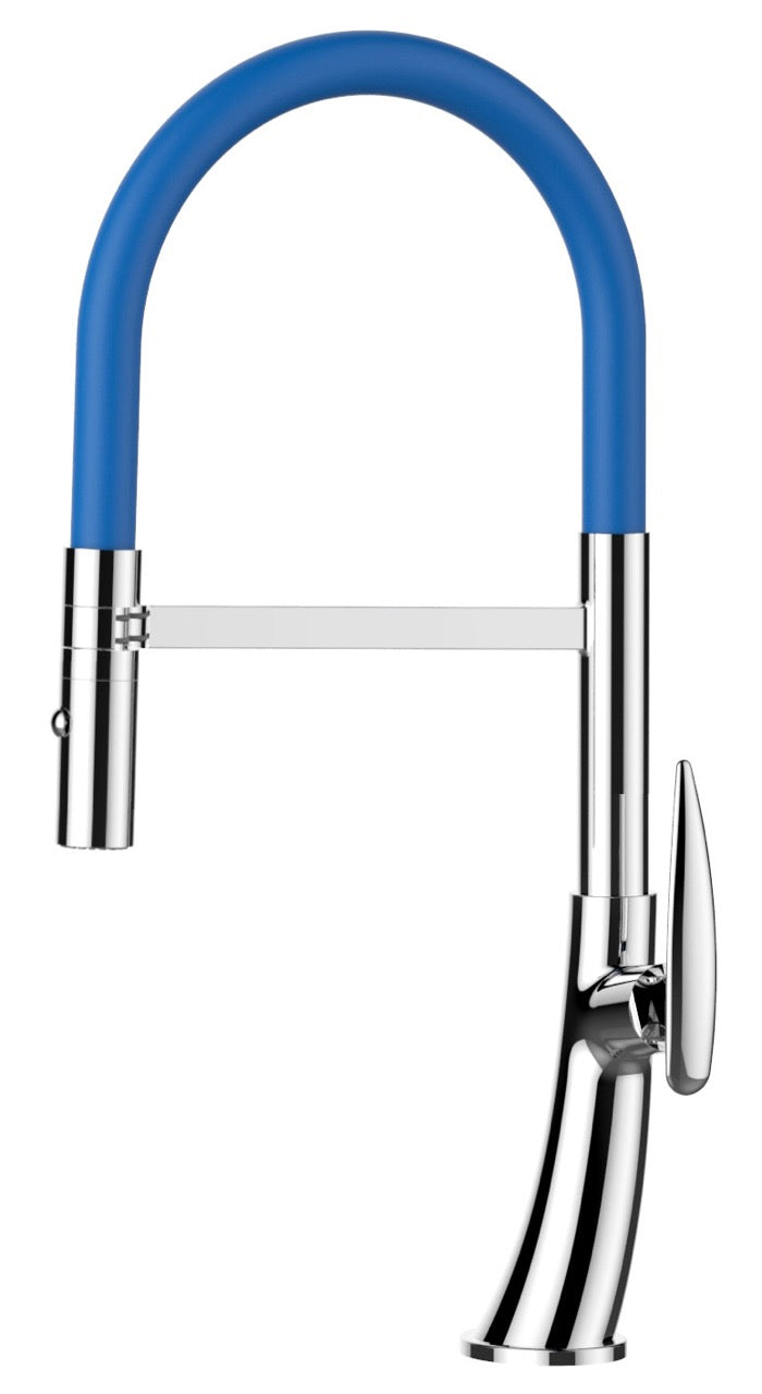 Kitchen Tap, Single lever, LEAF, with 360° swivel spout and 2-jets removable Spray, Chrome / Blue – Short Version 48CM