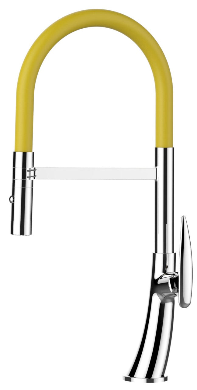 Kitchen Tap, Single lever, LEAF, with 360° swivel spout and 2-jets removable Spray, Chrome / Yellow – Short Version 48CM