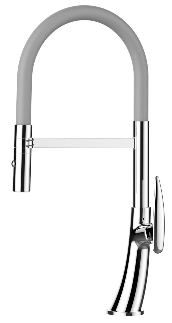 Kitchen Tap, Single lever, LEAF, with 360° swivel spout and 2-jets removable Spray, Chrome / Grey – Short Version 48CM