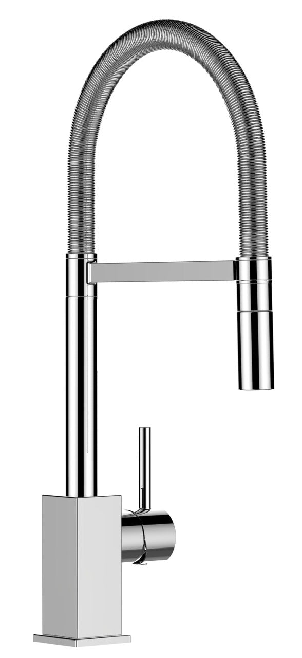 Rubinetto cucina monocomando, QU, canna girevole 360° e doccetta 2 getti movibile, Cromato