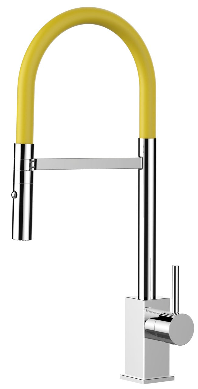 Kitchen Tap, Single lever, QU, with 360° swivel spout and 2-jets removable Spray, Chrome / Yellow