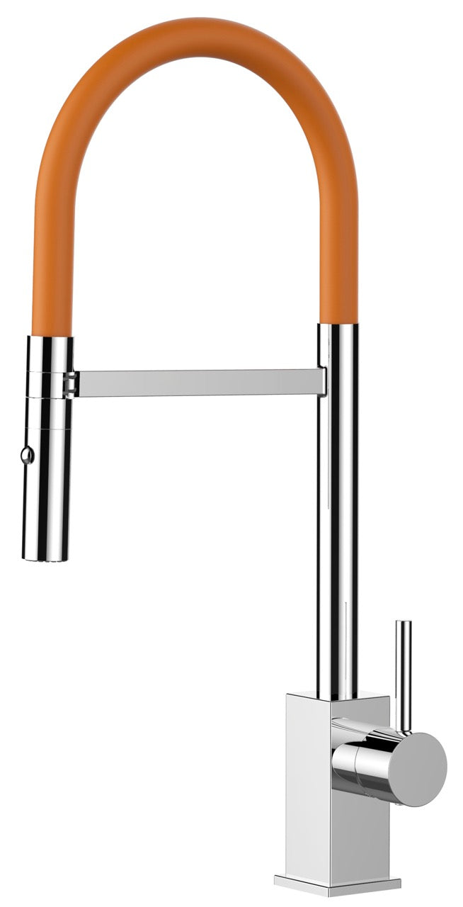 Kitchen Tap, Single lever, QU, with 360° swivel spout and 2-jets removable Spray, Chrome / Orange