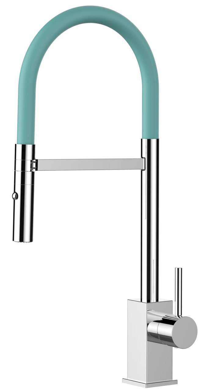 Kitchen Tap, Single lever, QU, with 360° swivel spout and 2-jets removable Spray, Chrome / Turquoise