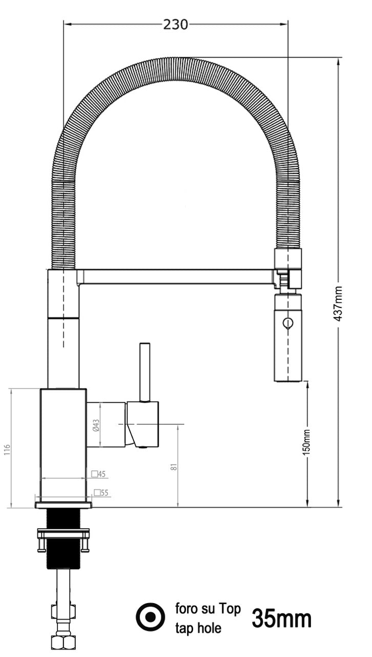 Kitchen Tap, Single lever, QU, with 360° swivel spout and 2-jets removable Spray, Chrome / Orange - Short Version 44CM