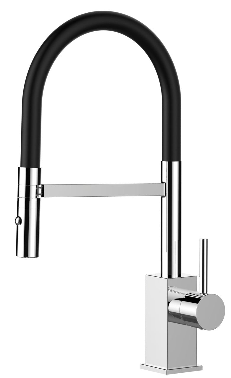 Kitchen Tap, Single lever, QU, with 360° swivel spout and 2-jets removable Spray, Chrome / Black - Short Version 44CM