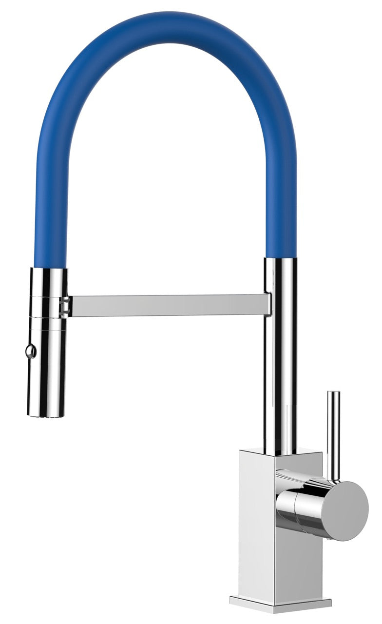 Kitchen Tap, Single lever, QU, with 360° swivel spout and 2-jets removable Spray, Chrome / Blue - Short Version 44CM