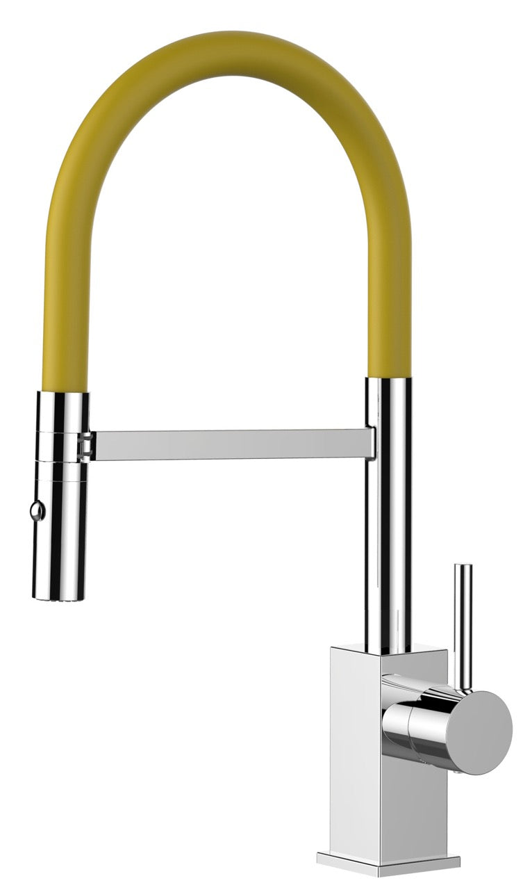 Kitchen Tap, Single lever, QU, with 360° swivel spout and 2-jets removable Spray, Chrome / Yellow - Short Version 44CM