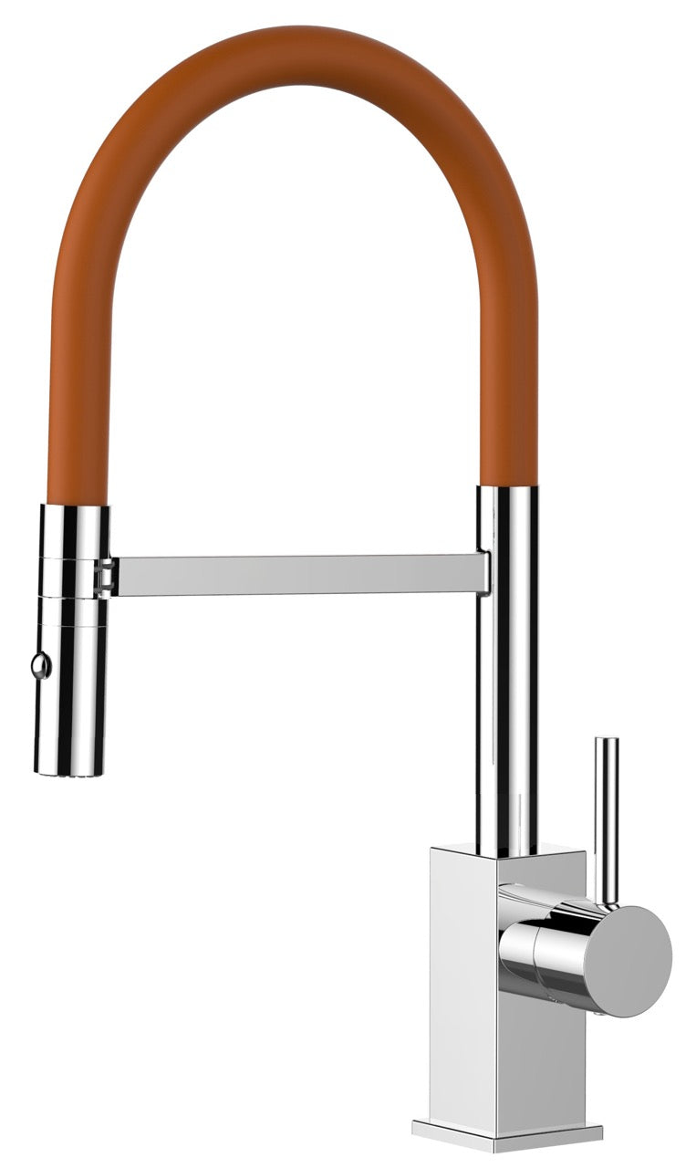 Kitchen Tap, Single lever, QU, with 360° swivel spout and 2-jets removable Spray, Chrome / Orange - Short Version 44CM