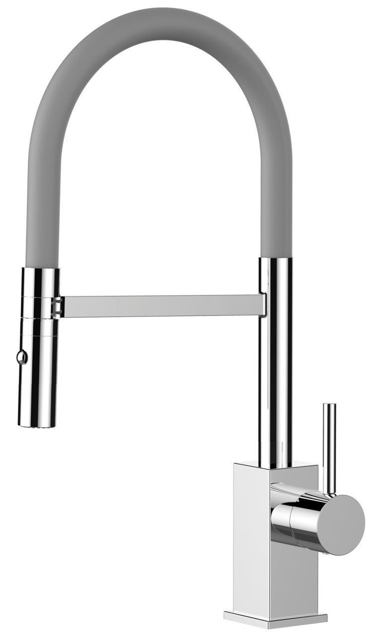 Kitchen Tap, Single lever, QU, with 360° swivel spout and 2-jets removable Spray, Chrome / Gray - Short Version 44CM