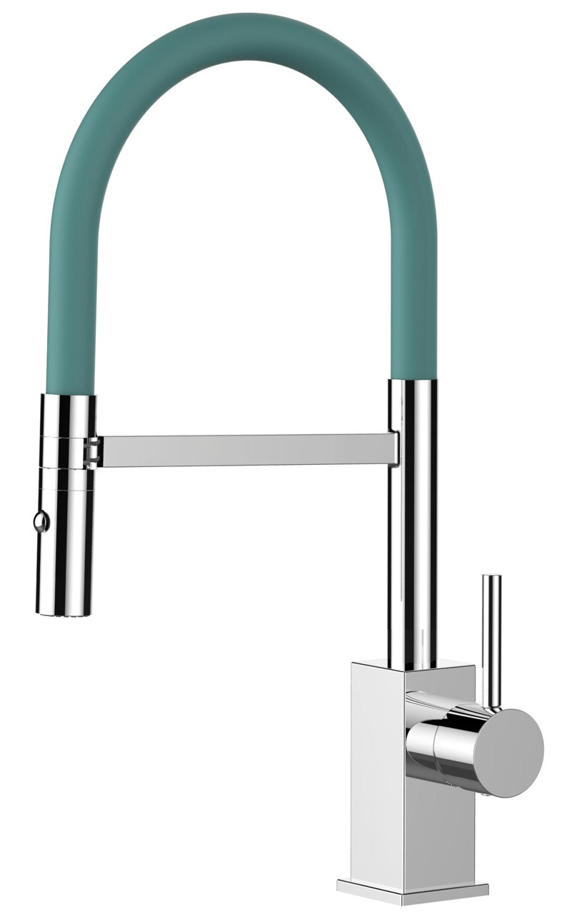 Kitchen Tap, Single lever, QU, with 360° swivel spout and 2-jets removable Spray, Chrome / Turquoise - Short Version 44CM